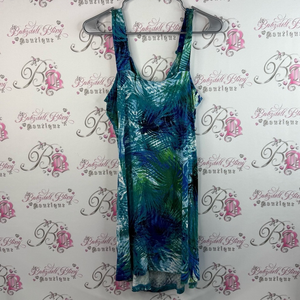 Denver Hayes dress, tropical beach, flowy Blue and Green Patterned Dress - Picture 2 of 12